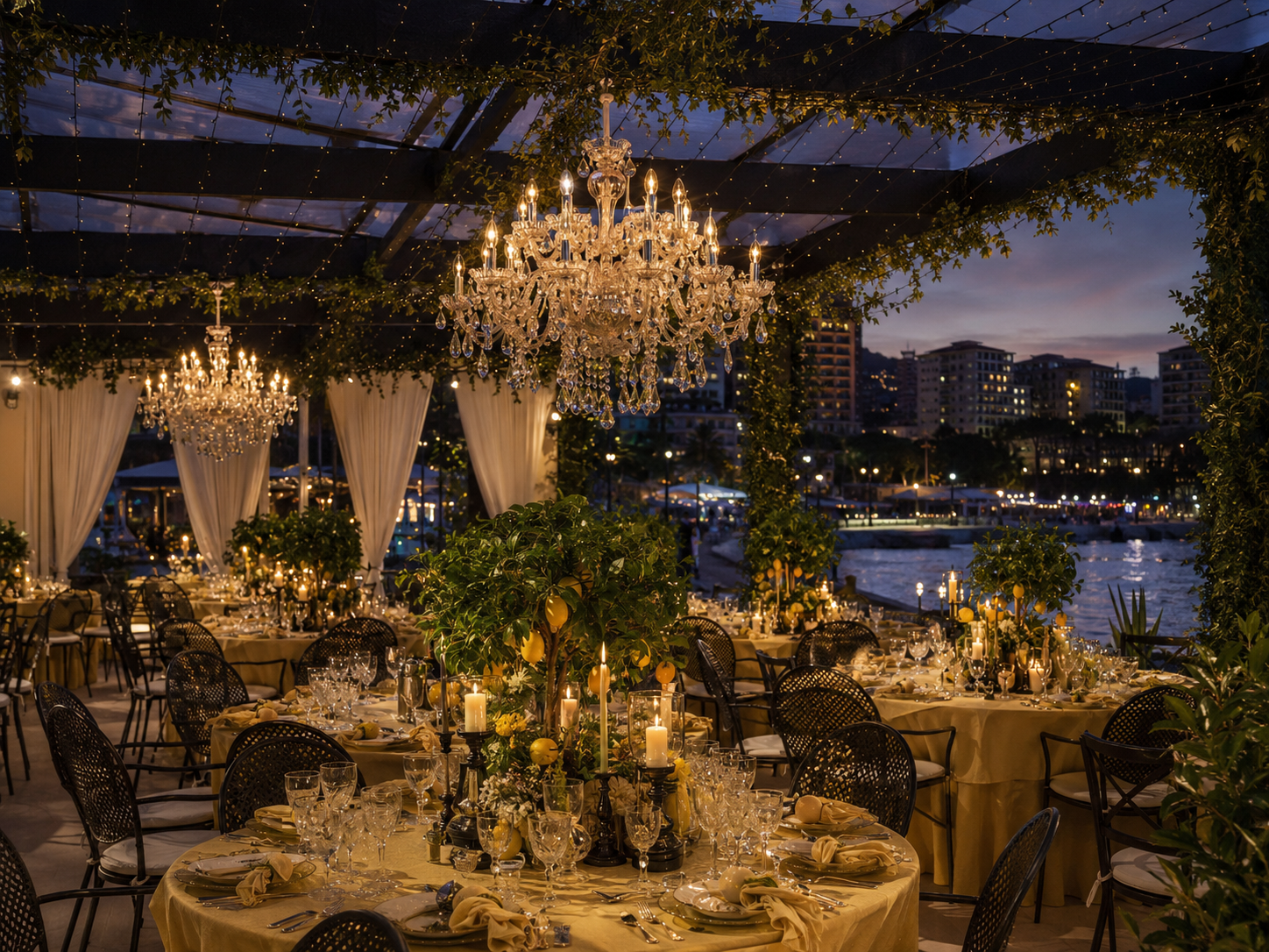 Dîner sous un lustre Empire suspendu dans un jardin